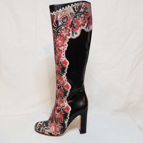 HP RED Valentino Black Floral Heel Boots - Picture 4 of 10